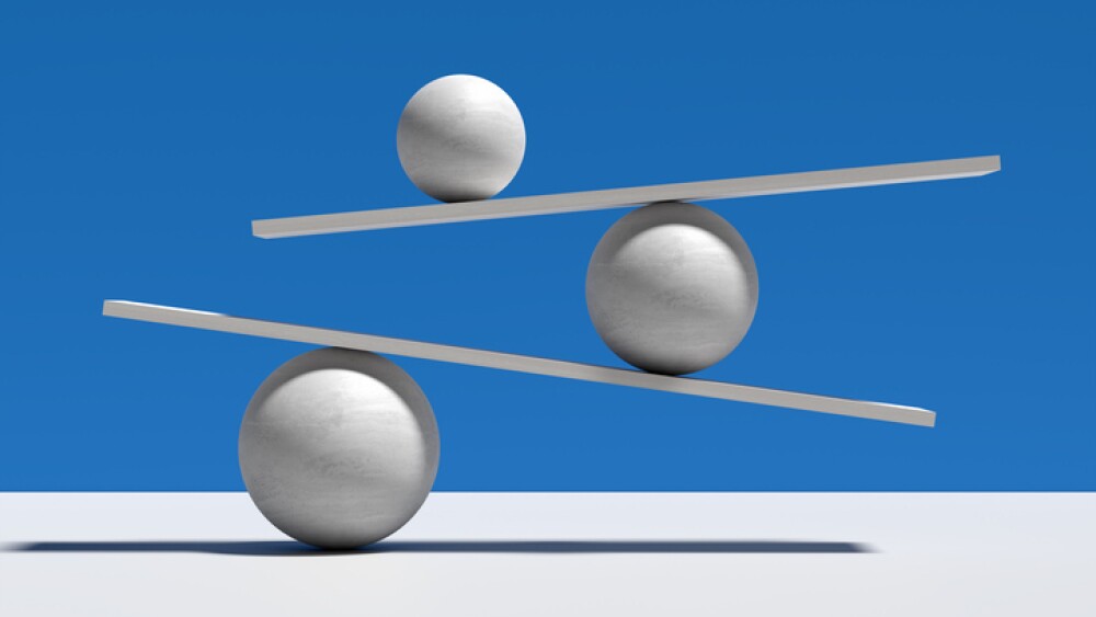 Balance, equilibrium and stability in a risky environment concepts. Spheres balancing on a seesaw. Abstract 3D render.