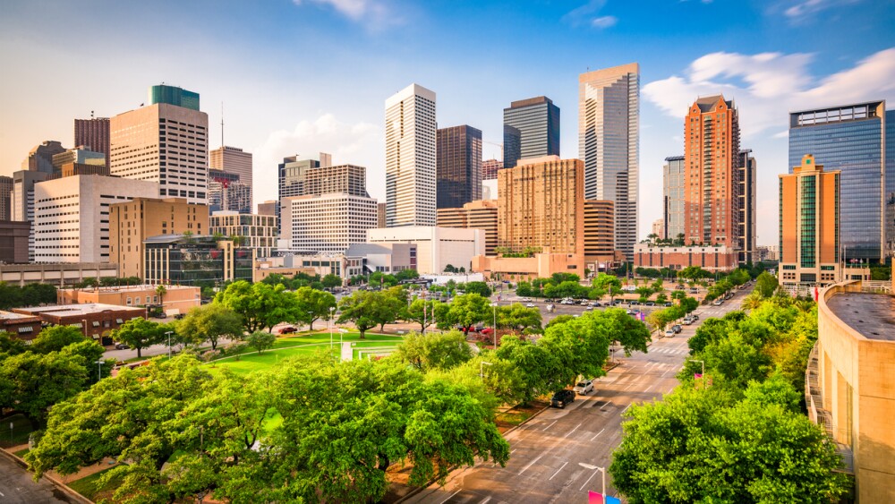 Houston, Texas, downtown city skyline over Root Square
