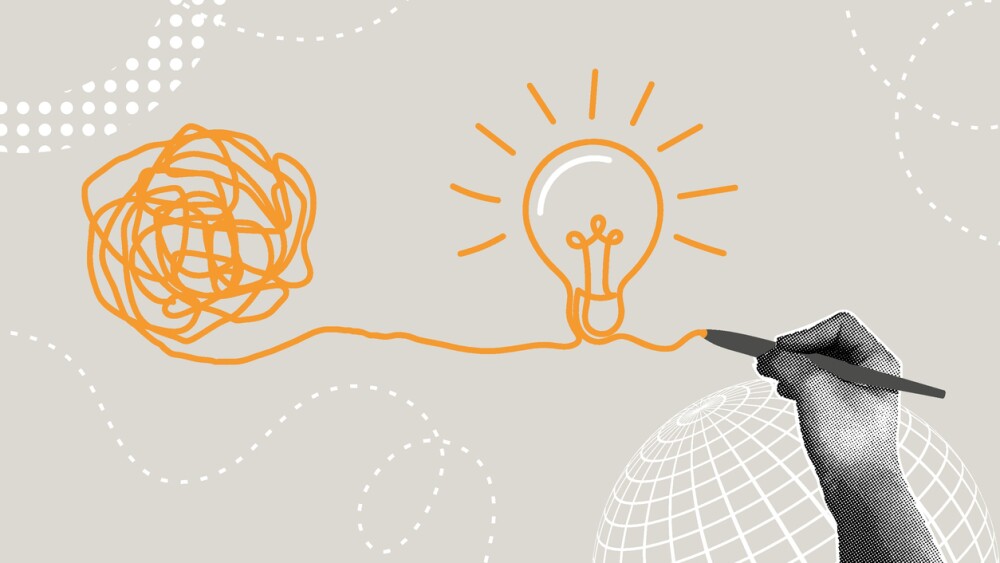  Hand drawing of a light bulb from a ball of yarn, illustrating problem solving