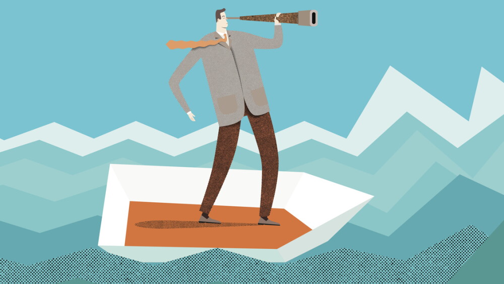 Illustration of businessman with a telescope in a boat, looking for something