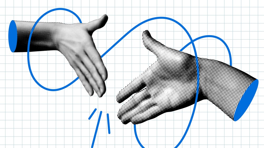 Hands reach out to each other. Handshake. Halftone retro hands. Body parts cut out of newspaper. Hands tied with thread. Shaking hands. Make a deal. Successful agreement. Modern collage
