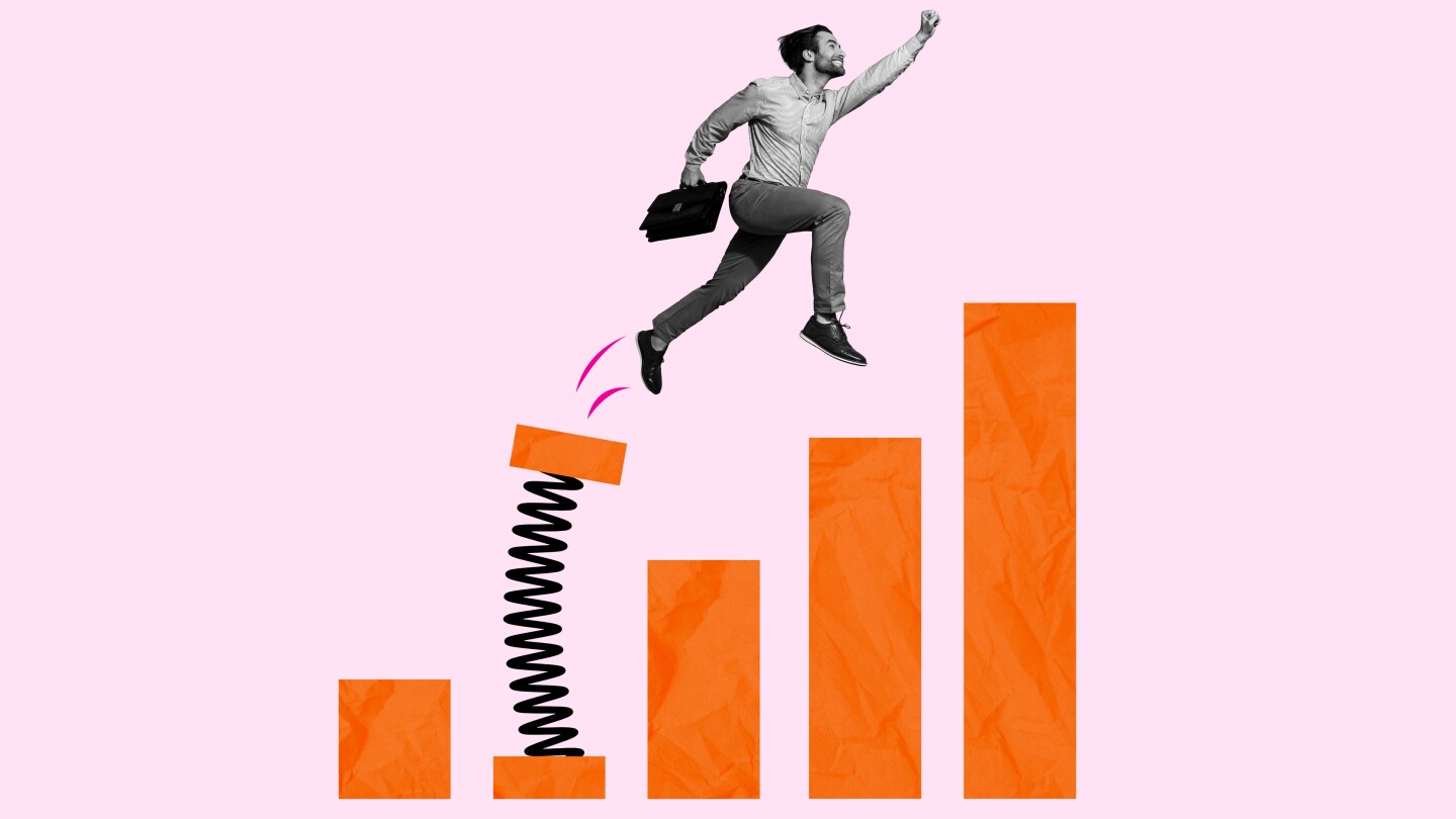 Creative picture image collage banner of guy worker jump from financial charts determined company success.
