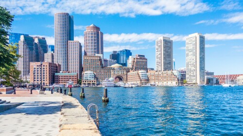 Photo of Boston downtown from Fan Pier Park in Seaport district