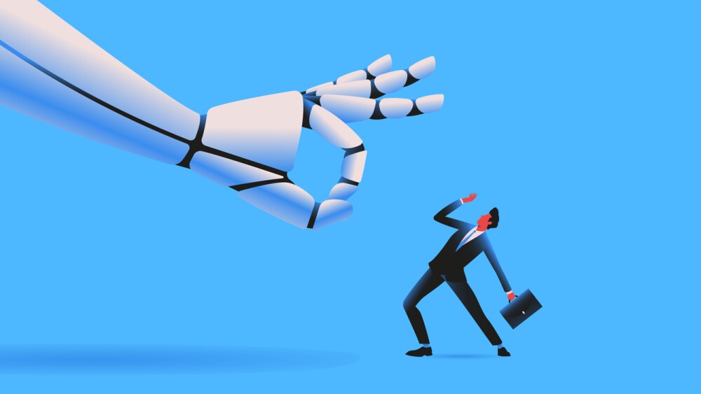 Giant robot flicking tiny man. Ai technologies and unemployment problem concept. Vector illustration.