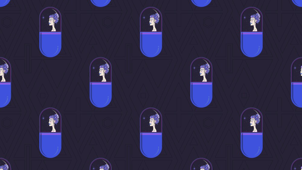 graphic pattern with the tablet. topic of drugs. pill with girl and space inside. relax