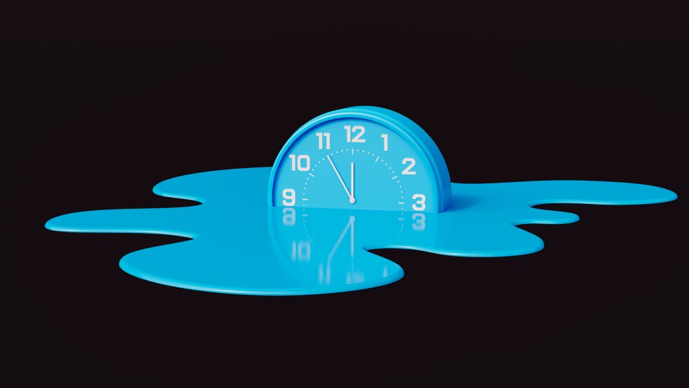 Blue clock is melting on the black background. Time is running out concept 3D render 3D illustration