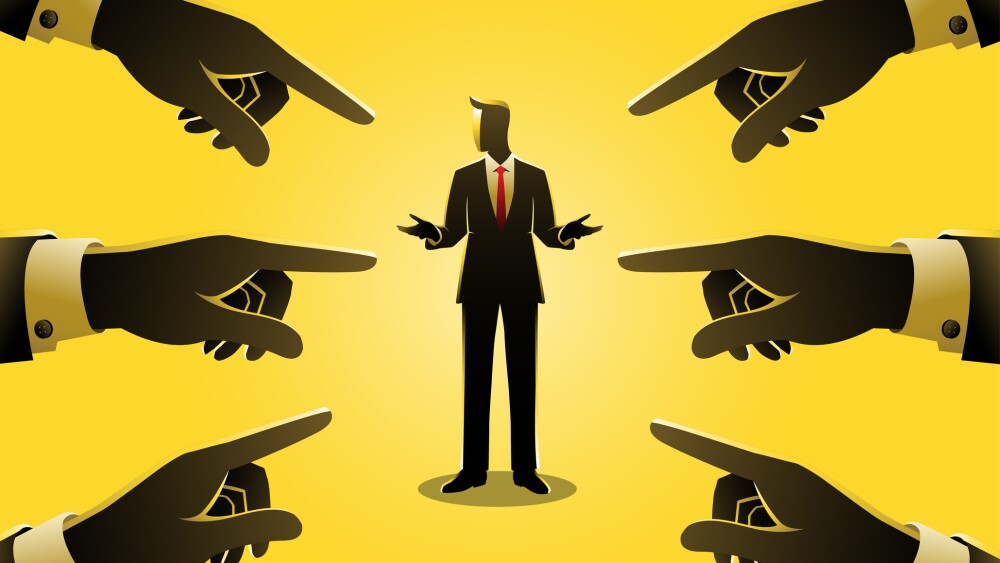 Business concept illustration of a businessman being pointed by giant fingers