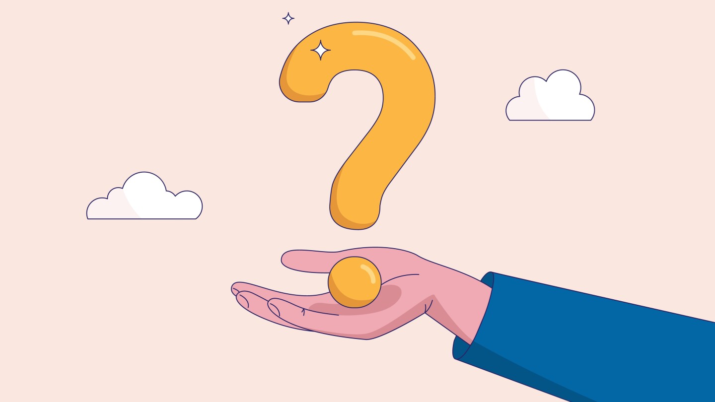 Difficult question concept. Big question mark or big problem to solve or finding solution, doubt or uncertainty, thinking to make decision, businessman holds up big question mark.