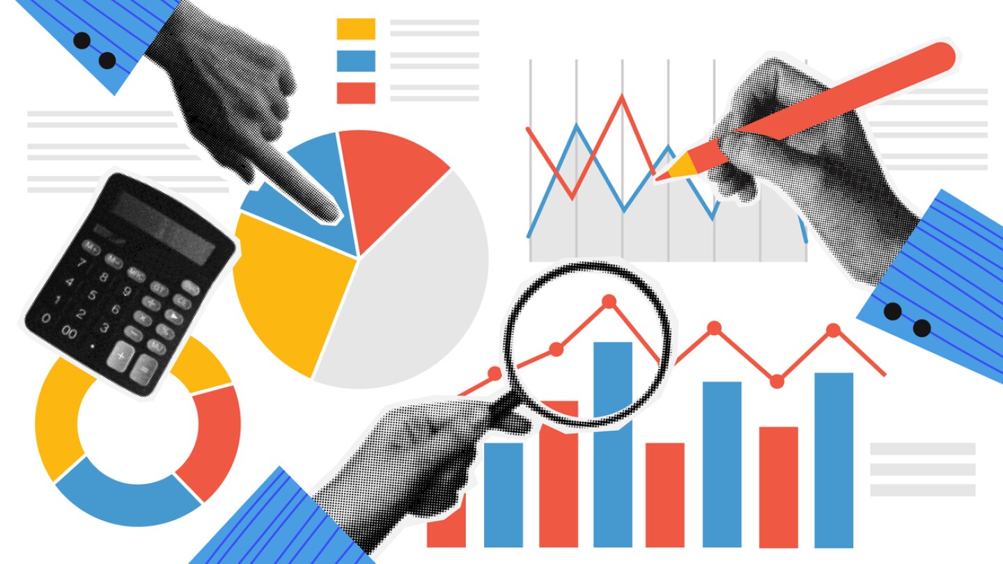 Illustration showing hands with graph and diagram in trendy vintage style as a concept of analytics