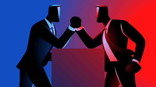 Vector illustration of two businessmen engaged in a hand wrestling match, symbolizing competition, rivalry, power struggles, competitive environments, and conflict resolution concepts