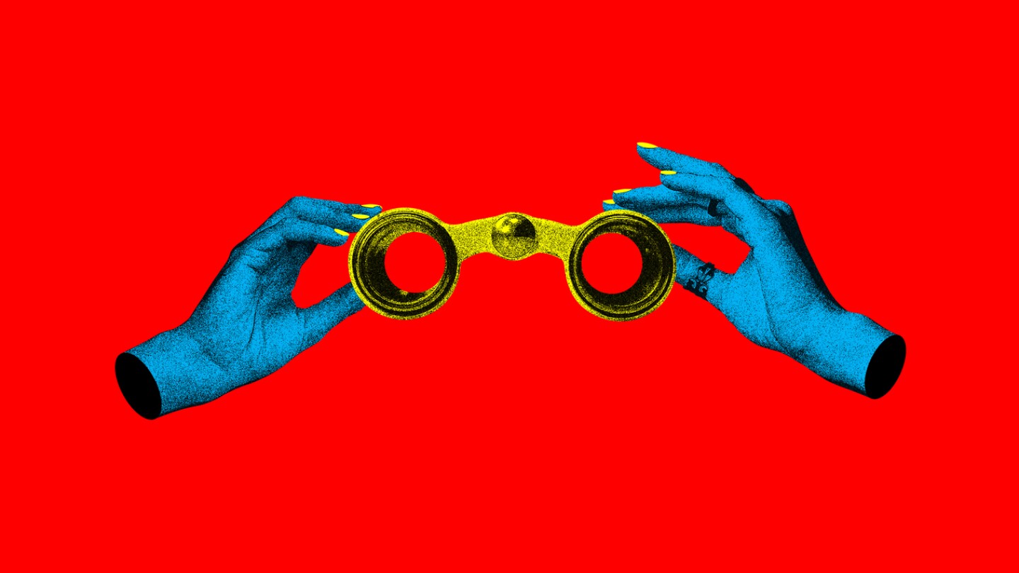 Female hands holding binocular, opera glass against red background. Theater time. Contemporary art collage. Concept of y2k style, creativity, surrealism, abstract art, imagination. Colorful design
