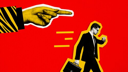 Composite photo collage of serious man walk look wristwatch hand chief point out dismissal failure late isolated on painted background.