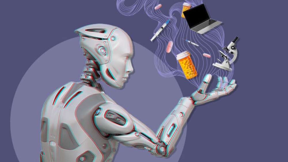 Pictured: AI robot holding biopharma-related items in hands