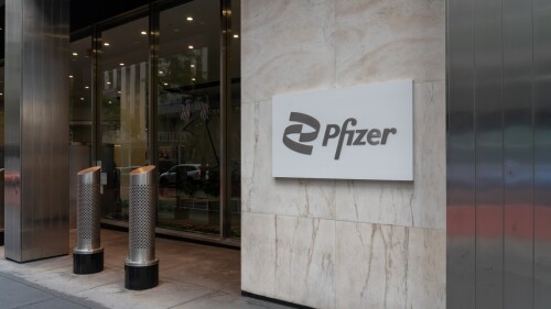 New York City, NY, USA - August 22, 2022: Pfizer world headquarters in New York City, USA. Pfizer Inc. is an American multinational pharmaceutical and biotechnology corporation.