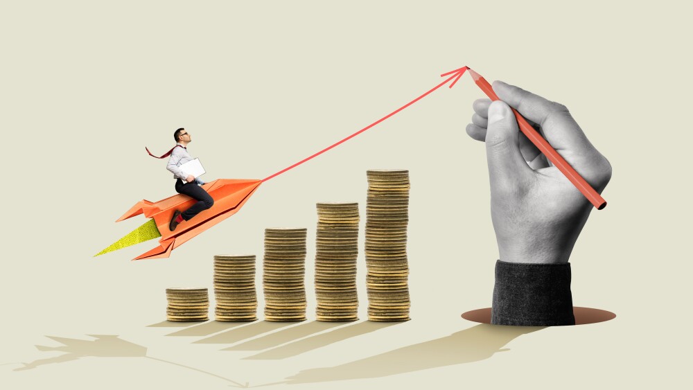 Successful career takeoff. Profitable investment, business concept. Art collage.