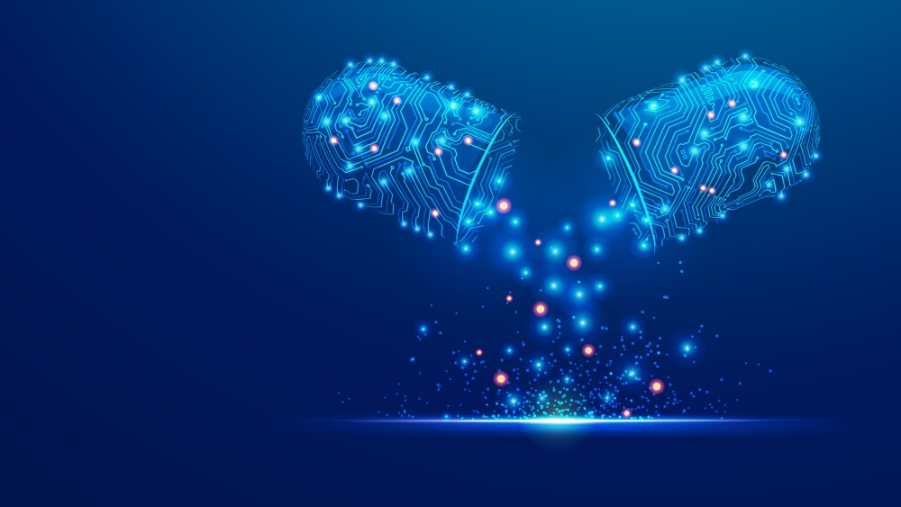 concept of bioengineering or healthcare technology, graphic of 3D pill combined with electronic pattern