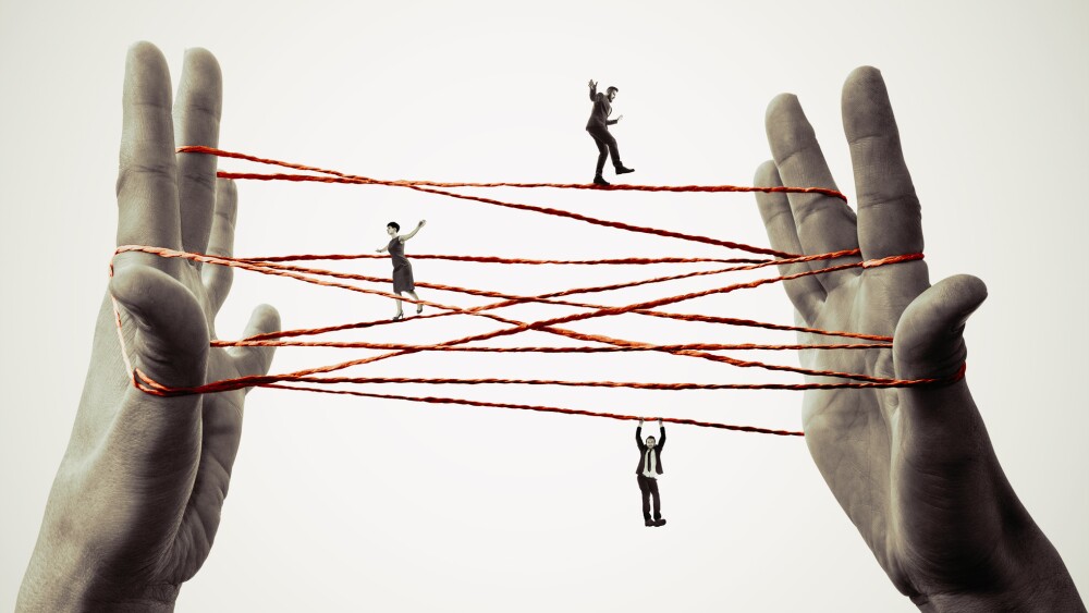 People balance on tightly stretched ropes. Art collage.
