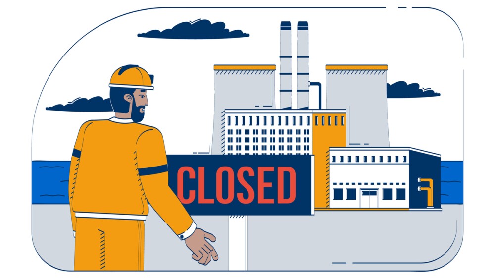 Factory closed with disappointed worker doodle cartoon illustration. Industrial shutdown. Layoff in manufacturing plant closure 2D flat character isolated on white. Doodleart hand-drawn drawing