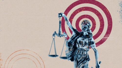Composite contemporary collage statue of justice themis femida on the background of the target as the concept and idea of justice and law. High quality photo