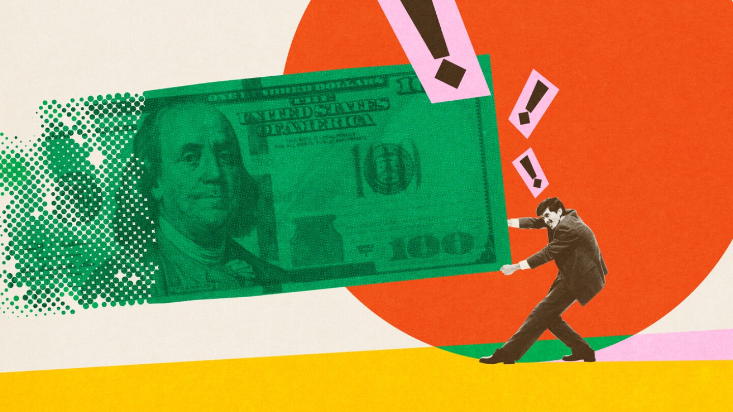 Man pushing against giant dollar bill, symbolizing burden of financial challenges amidst inflation and economic pressure. Conceptual creative design. Concept of inflation, finances