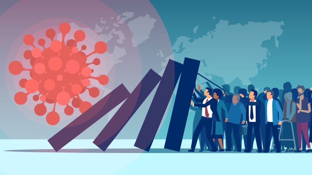 Illustration of people amidst global map images holding back walls falling down