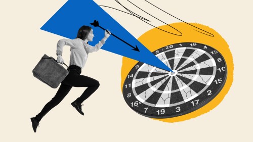 Contemporary art collage. Conceptual design with young woman, motivated employee running forward to reach goal, professional success. Concept of business, career development, achievement