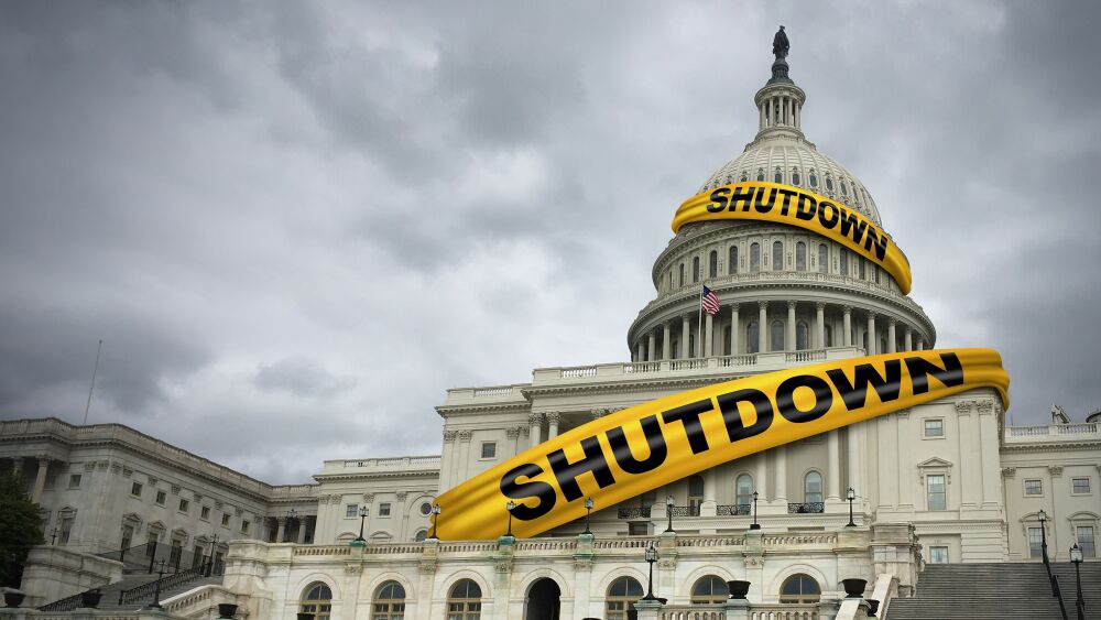 USA shutdown and United States government closed and american federal shut down due to spending bill disagreement between the left and the right pas a national finance symbol with yellow hazard tape in a 3D illustration style.