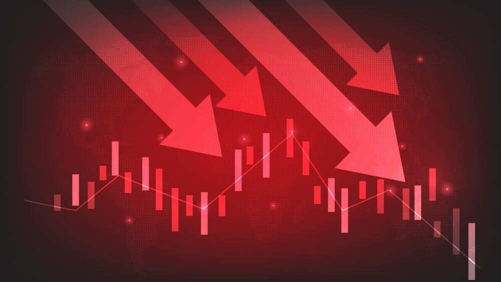 arrow down stock market investment global red technology background. Global economic slowdown and crisis. vector illustration fantastic technology.