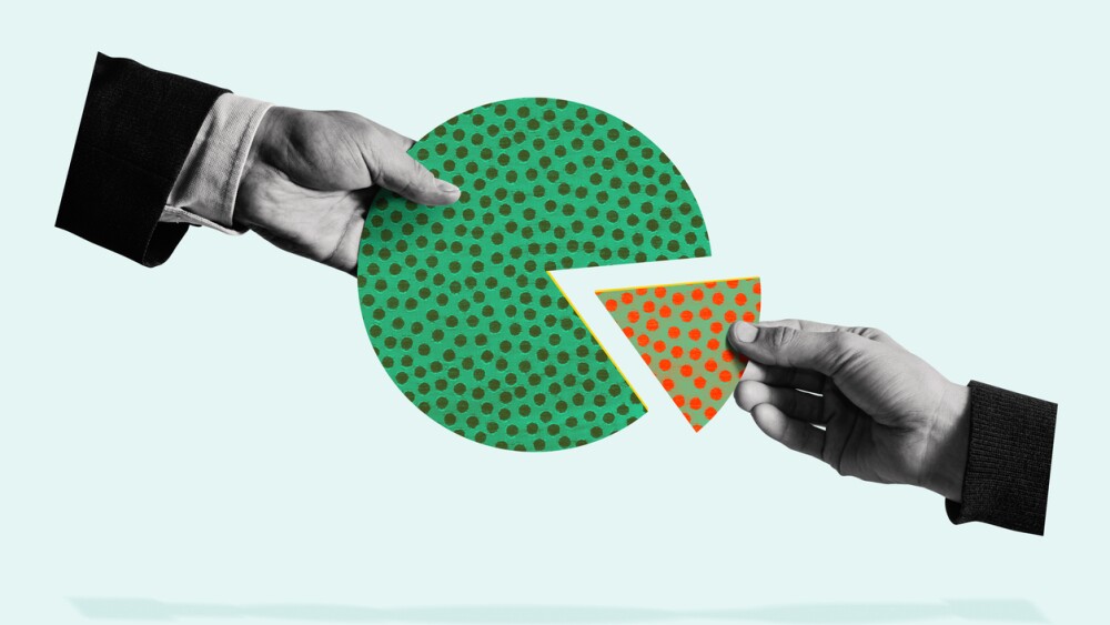 Receiving dividends among investors. Art collage.