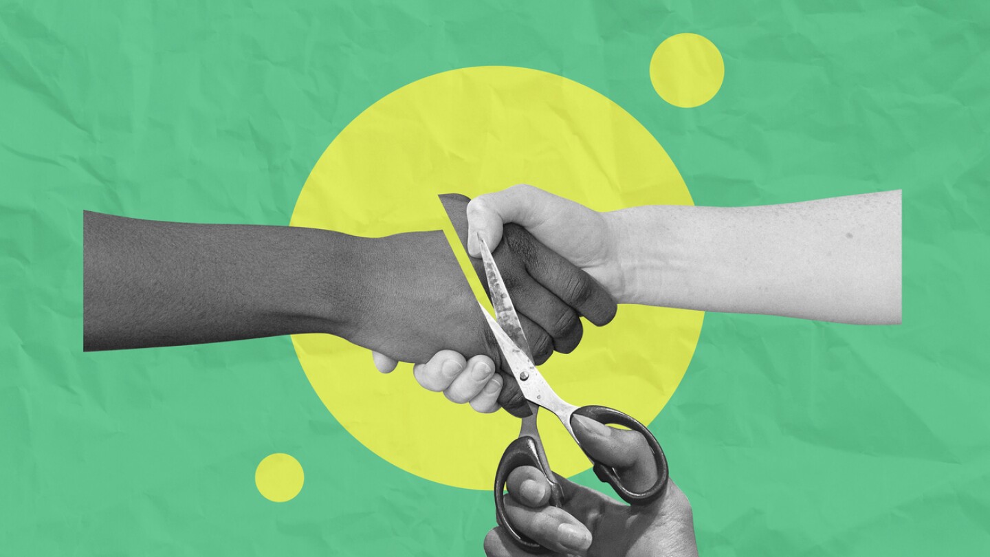 Two hands locked in a handshake cut by a pair of scissors, symbolizing a severed relationship or partnership. Black and white collage illustration on paper textured background