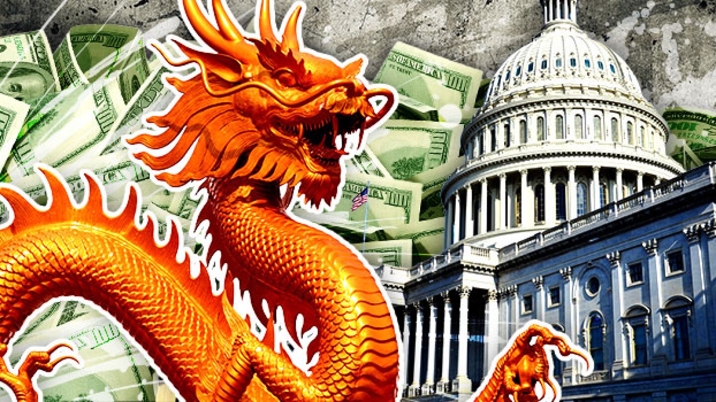 Pictured: Collage of a dragon, congress, and money
