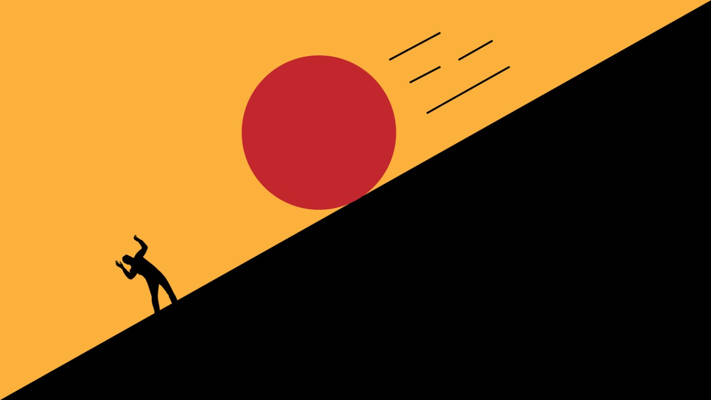 Illustration of red boulder/ball rolling down toward businessman