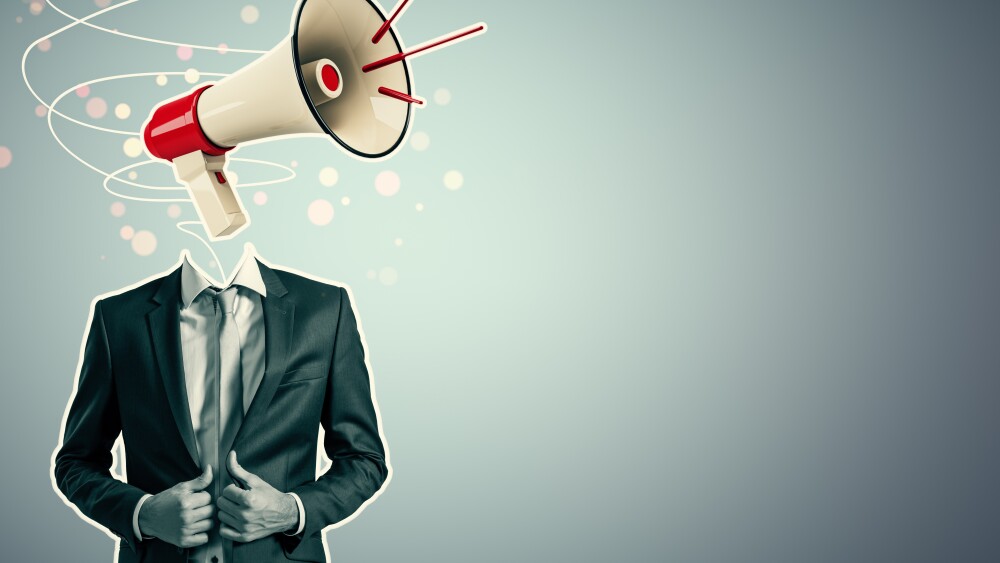 Businessman with megaphone head, creative abstract style, light blue background. Concept of advertising, communication, and promotion