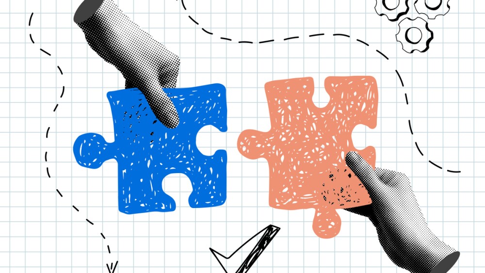 Illustration of hands holding puzzle pieces to fit them together