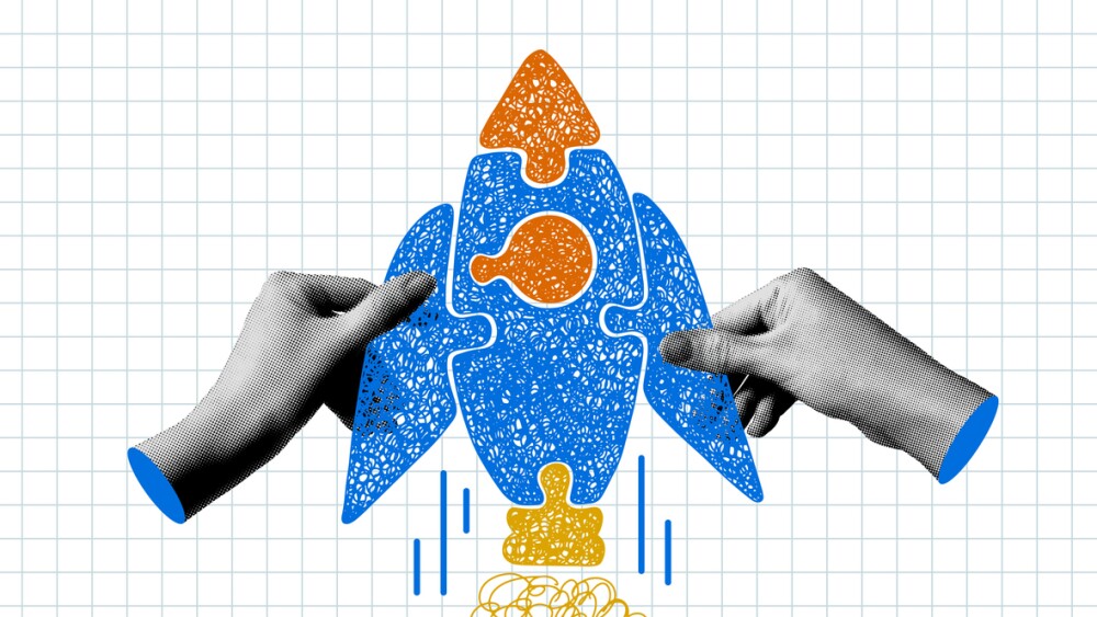 Building a rocket. Halftone hands assemble a rocket shaped puzzle. Concept of a startup, new business. Hasty rocket launch. Innovation, teamwork, development of ideas and technologies