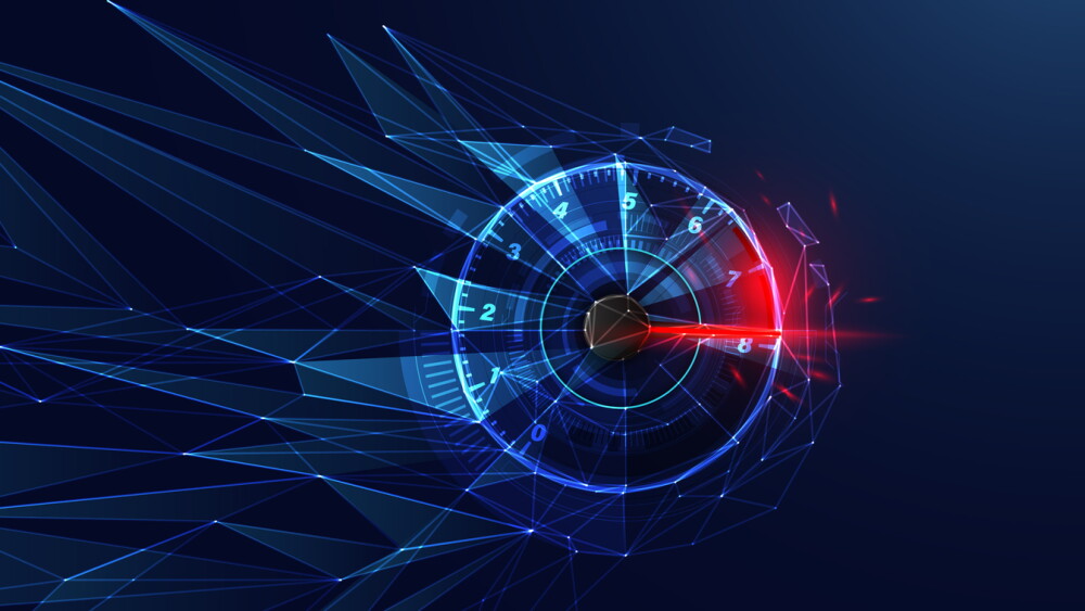 Futuristic digital speedometer with glowing lines and red needle, representing fast acceleration and advanced automotive technology. vector eps10