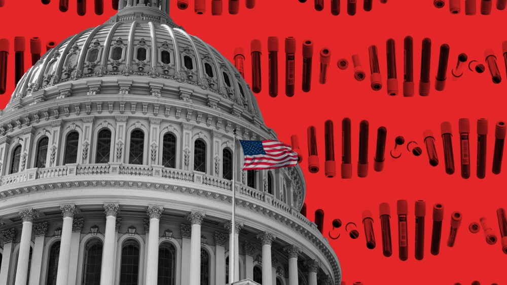 Capitol Hill COVID-19 blood testing, abstract virus testing during pandemic concept, State Building Washington DC, USA, 3d illustration