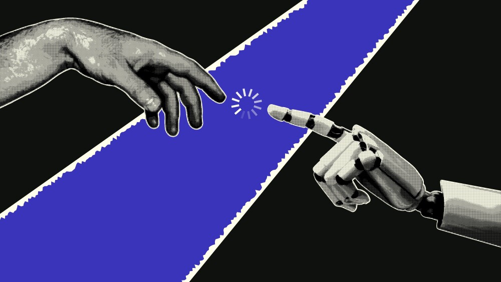 Robot and human hand in retro collage style with halftone. Vector illustration, artificial intelligence concept.