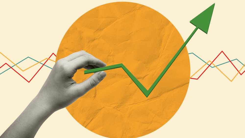 Contemporary art collage of human hands holding a arrow pointing up, graphs and diagrams. Concept of profit, making money, business. Copy space.
