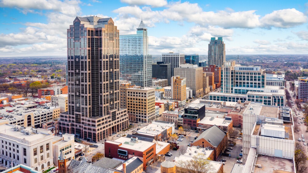 Aerial view of Raleigh, North Carolina skyline on a sunny day