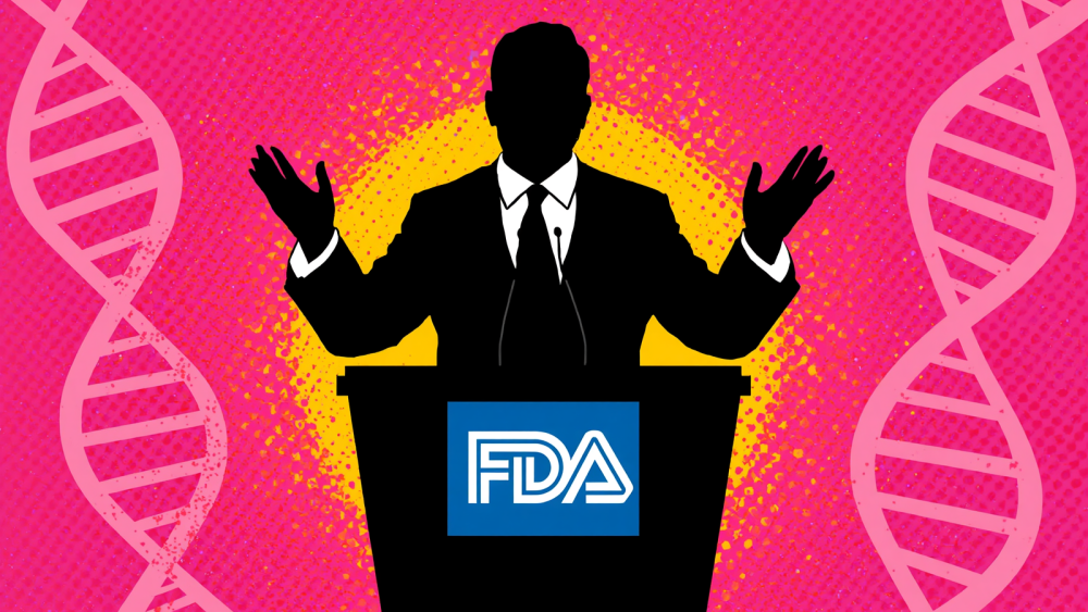 suited main standing behind lectern with sign reading "FDA"