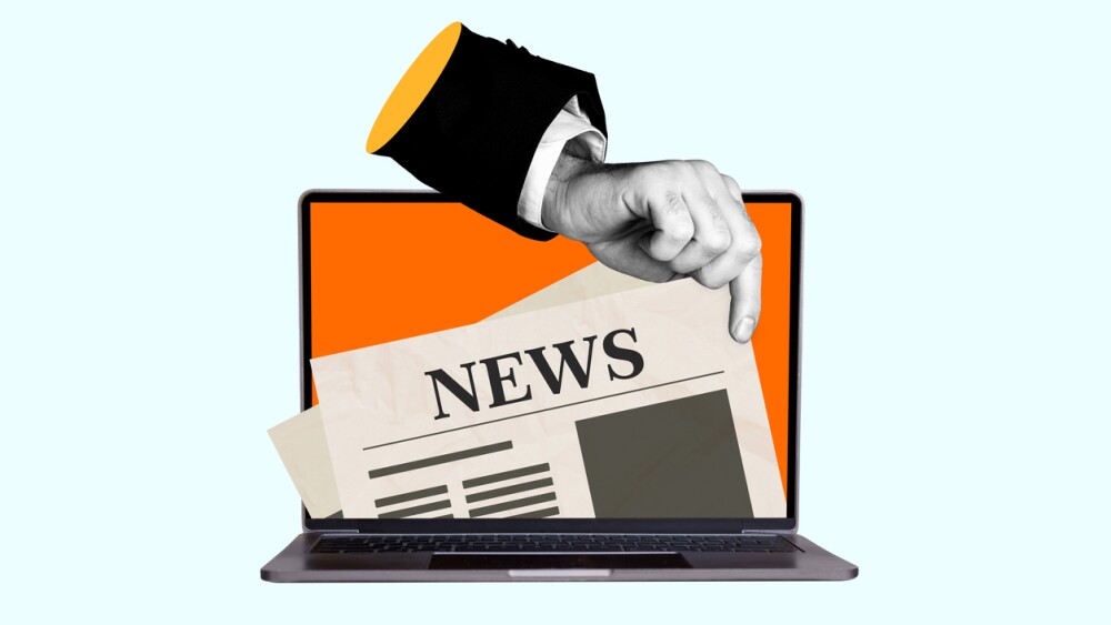 Banner collage poster online news fake info journalism reportage arm hold newspaper isolated on creative drawing background.