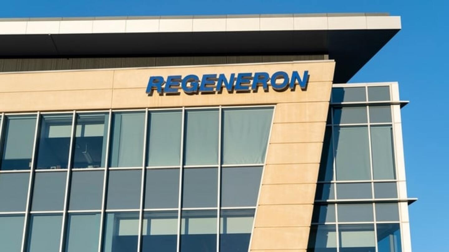 Pictured: Regeneron logo on a light brown building