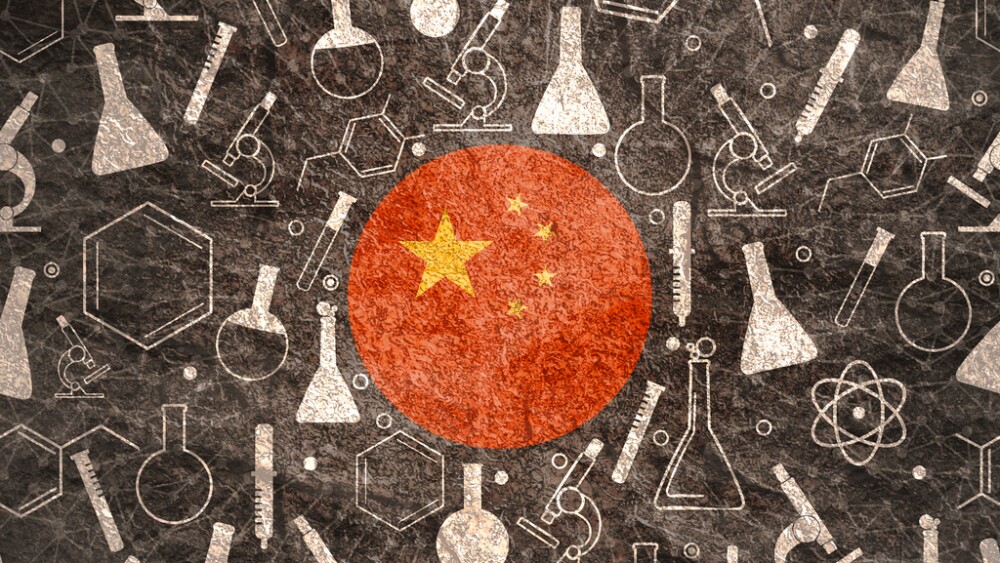 Chemistry creative concept. Circle frame with icons. Flag of China