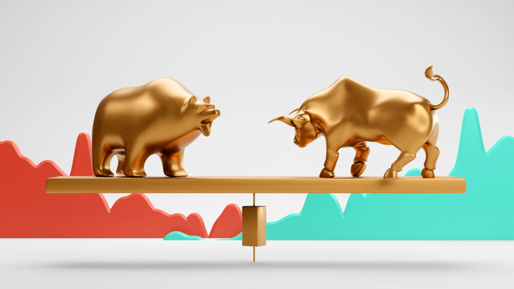 Bull and Bear market on white, concept of stock market exchange or financial analysis
