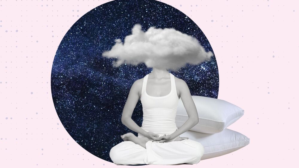 Contemporary art collage of woman sitting in the lotus position, cloud, pillows against the background of the night sky. Concept of healthy lifestyle and sport. Good and relaxing sleep. Copy space.