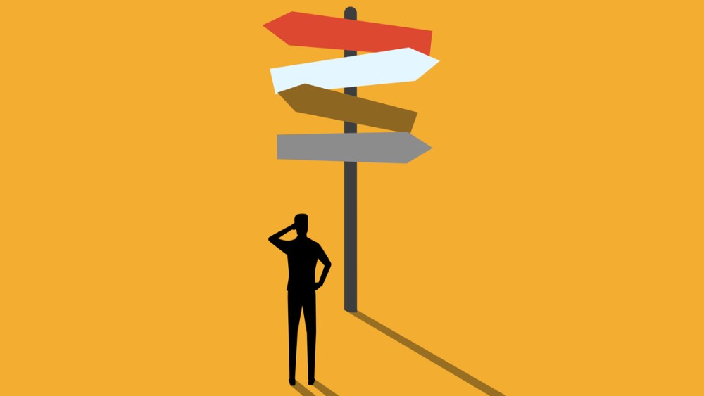 Illustration of businessman confused about choosing from multiple signposts