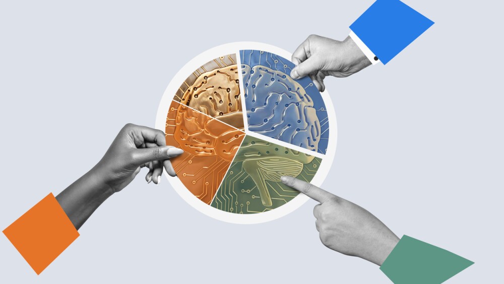 Human hands symbolizing teamwork working on a pie chart with ai symbol in it. Arms point fingers hold pieces diagram chart. Distribute AI stock options on the market.