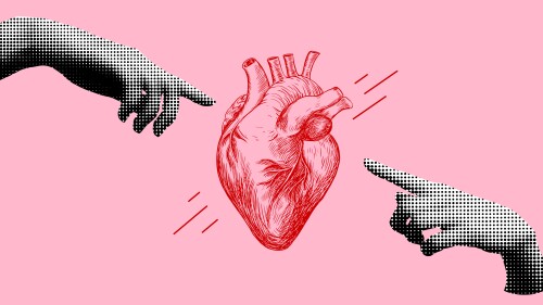 World heart day. Sketch style human heart. Retro halftone hands reaching out to each other. Modern collage. Valentines day banner. Healthcare medical concept. Healthy lifestyle.