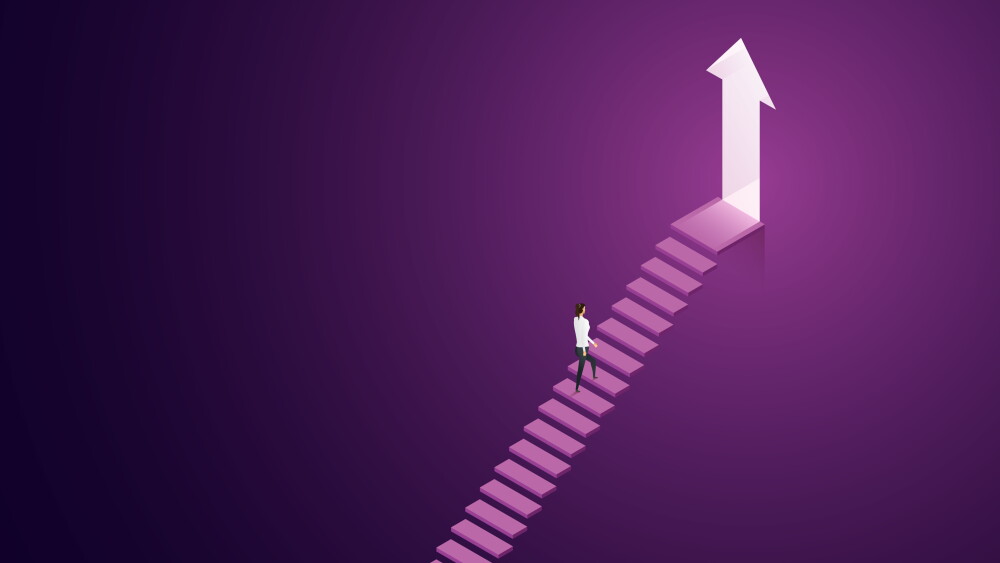 Progress success promotion and career growth Goal achievement, business woman walks up the stairs to the illuminated arrow. isometric vector illustration.